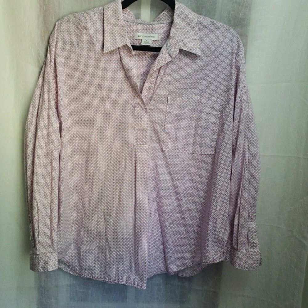 Liz Claiborne Women's L Tunic Top Long Sleeves Geometric Pink Cotton Blend